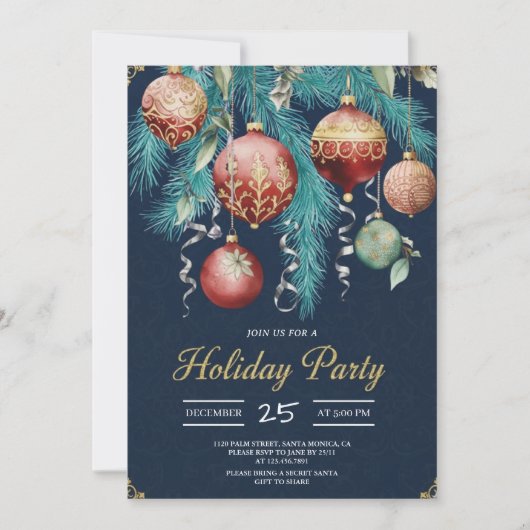 Gold Baubles Christmas Tree Party Invitation (Devant)