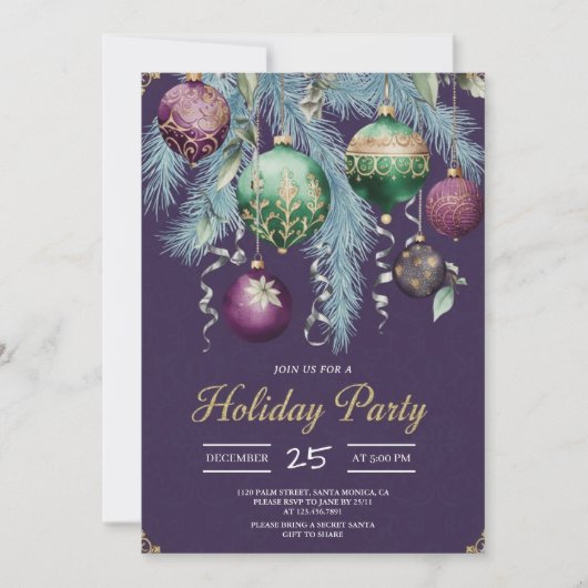 Gold Baubles Christmas Tree Party Invitation Kaart (Voorkant)