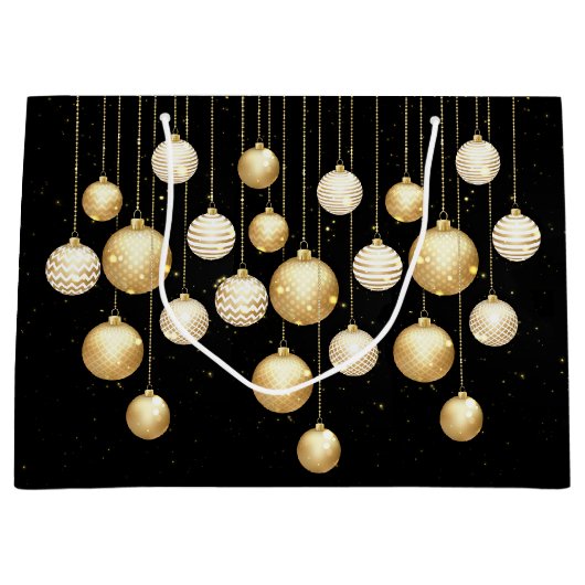 Gold Baubles kerstboomversieringen op zwart Groot Cadeauzakje (Voorkant)