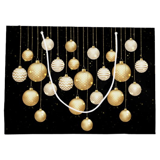 Gold Baubles kerstboomversieringen op zwart Groot Cadeauzakje (Achterkant)