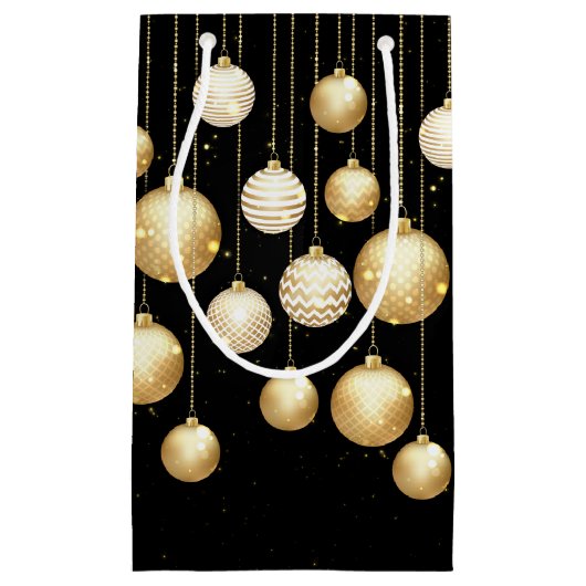 Gold Baubles kerstboomversieringen op zwart Klein Cadeauzakje (Voorkant)