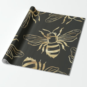 Gold Bee Design, op zwarte achtergrond. Cadeaupapier