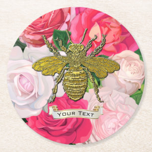 Gold Bee en Rozen personaliseren Ronde Kartonnen Onderzetter