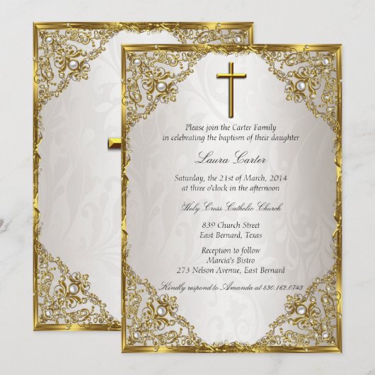 Gold Beige Pearl Damask Cross Baptism/Christening Kaart (Voorkant / Achterkant)