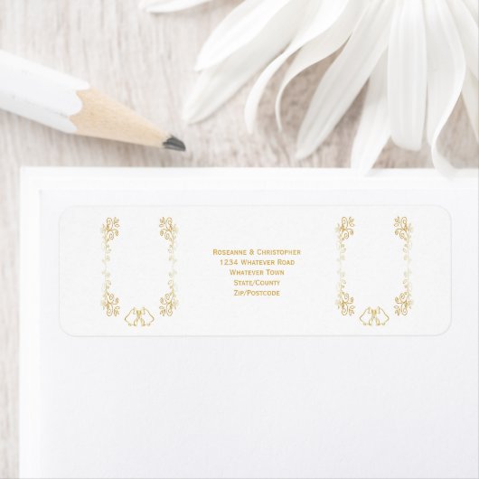 Gold Bell Scrollwork Ontwerp Wedding Retour Adres Etiket (Insitu)