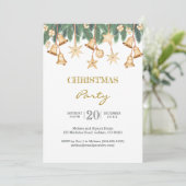 Gold Bells Stars Pine Christmas Party Invitation (Debout devant)
