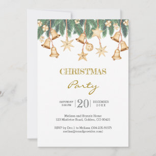 Gold Bells Stars Pine Christmas Party Invitation
