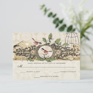 Gold Birdcage Damask Acorn Tortelduifjes RSVP Kaartje