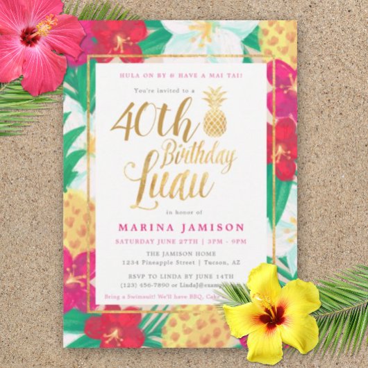 Gold Birthday Luau Party Invitations
