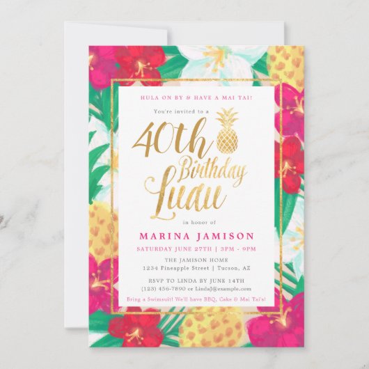 Gold Birthday Luau Party-uitnodigingen Kaart (Voorkant)