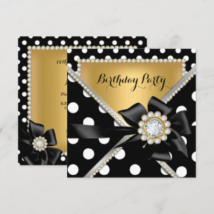 Gold Birthday Party Black White Polka Dots Kaart