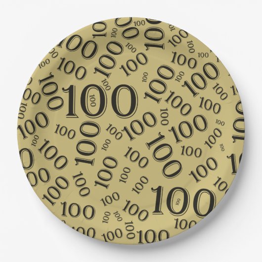Gold/Black 100th Birthday Party Number Pattern Papieren Bordje (Voorkant)