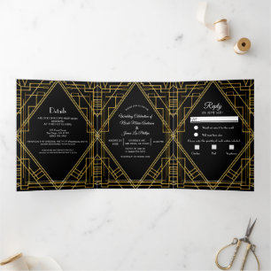 Gold Black 20's Deco Elegant Trifold Wedding Drieluik Uitnodiging