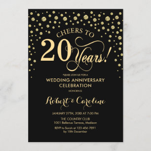 Gold Black 20th Jubileum Celebration Invitation Kaart