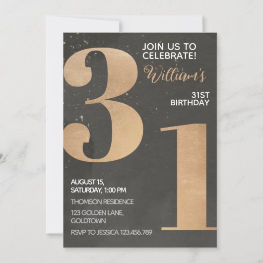 Gold Black 31st Birthday Invitation Kaart (Voorkant)