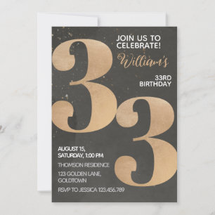 Gold Black 33rd Birthday Invitation Kaart