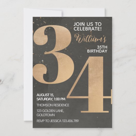 Gold Black 34th Birthday Invitation (Devant)