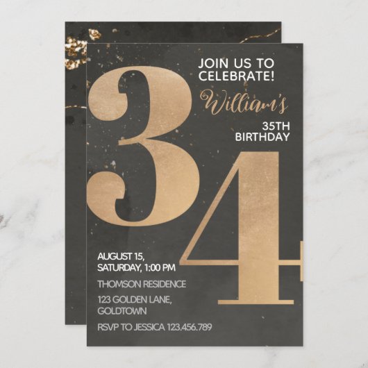 Gold Black 34th Birthday Invitation (Devant / Derrière)