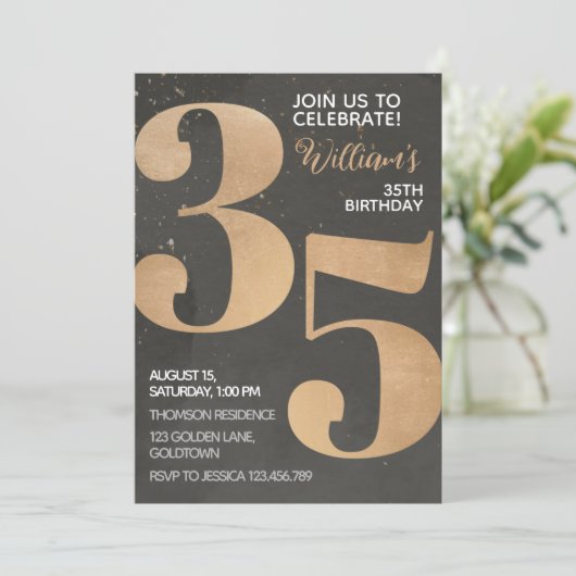 Gold Black 35th Birthday Invitation (Debout devant)