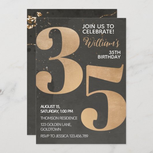 Gold Black 35th Birthday Invitation (Devant / Derrière)