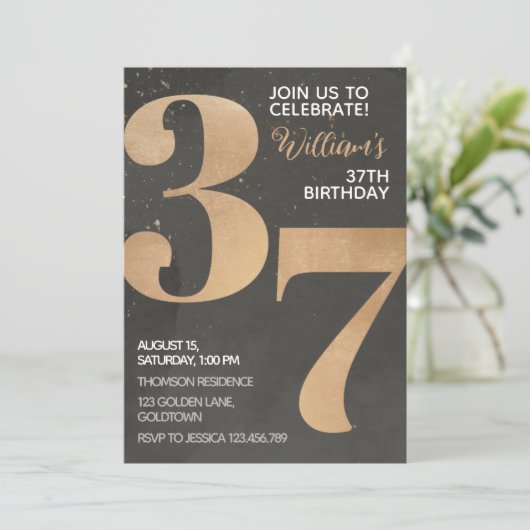 Gold Black 37th Birthday Invitation (Debout devant)