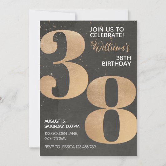 Gold Black 38th Birthday Invitation (Devant)