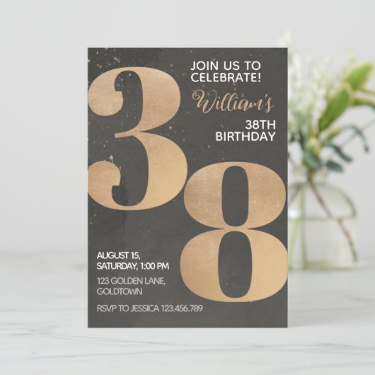 Gold Black 38th Birthday Invitation (Debout devant)