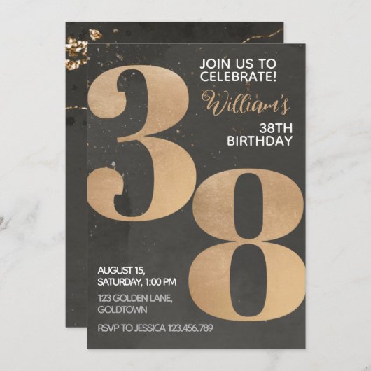 Gold Black 38th Birthday Invitation (Devant / Derrière)