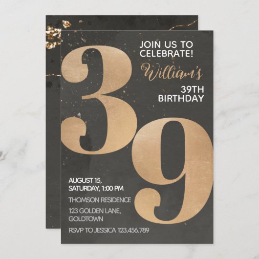 Gold Black 39th Birthday Invitation (Devant / Derrière)