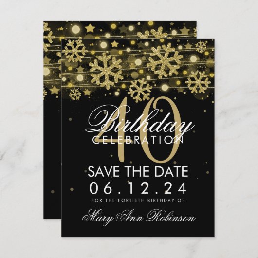 Gold Black 40th Birthday Save Date Winter Save The Date (Voorkant / Achterkant)