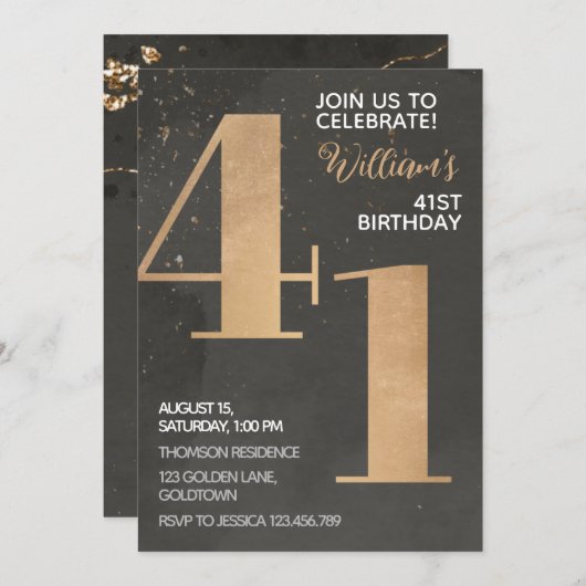 Gold Black 41st Birthday Invitation (Devant / Derrière)