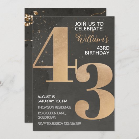Gold Black 43e anniversaire Invitation (Devant / Derrière)