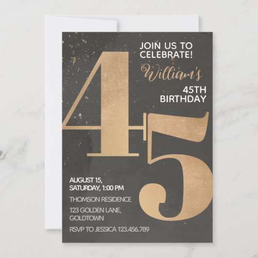 Gold Black 45th Birthday Invitation Kaart (Voorkant)