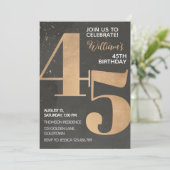 Gold Black 45th Birthday Invitation Kaart (Staand voorkant)