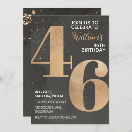 Gold Black 46th Birthday Invitation Kaart (Voorkant / Achterkant)