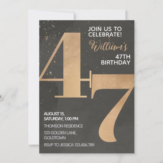 Gold Black 47th Birthday Invitation (Devant)