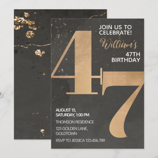 Gold Black 47th Birthday Invitation Kaart (Voorkant / Achterkant)
