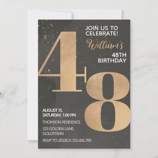 Gold Black 48th Birthday Invitation (Devant)