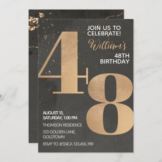 Gold Black 48th Birthday Invitation (Devant / Derrière)