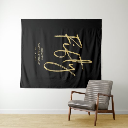 Gold & Black 50th Birthday Party Backdrop Wandkleed (In Situ (horizontaal))