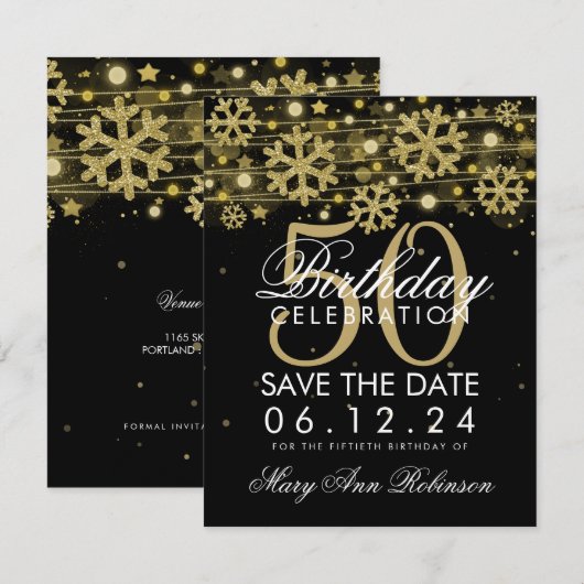 Gold Black 50th Birthday Save Date Winter Kaart (Voorkant / Achterkant)