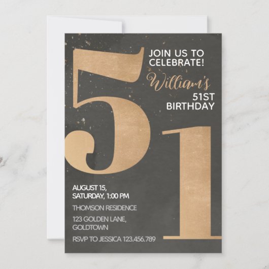 Gold Black 51st Birthday Invitation (Devant)
