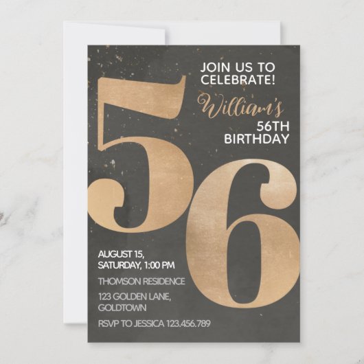 Gold Black, 56th Birthday Invitation Kaart (Voorkant)