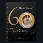 Gold Black 60th Birthday Élégant Script Livre d'or<br><div class="desc">Gold Black 60th Birthday Elegant Script carnet de livre d'or. Et élégamment conçu fête d'anniversaire spécial, avec une photo personnalisée de personne d'anniversaire et de calligraphie script avec des éléments florissants vintages. Ajoutez des encarts photo à ce classeur pour en faire un album merveilleux pour stocker toutes vos photos et...</div>