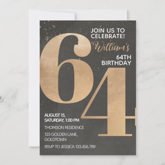 Gold Black 64th Birthday Invitation Kaart (Voorkant)