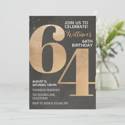 Gold Black 64th Birthday Invitation Kaart (Staand voorkant)