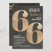 Gold Black 66th Birthday Invitation Kaart (Voorkant / Achterkant)