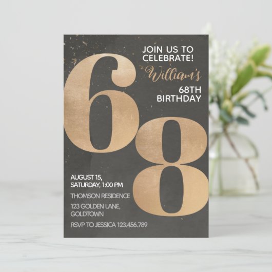 Gold Black 68th Birthday Invitation (Debout devant)