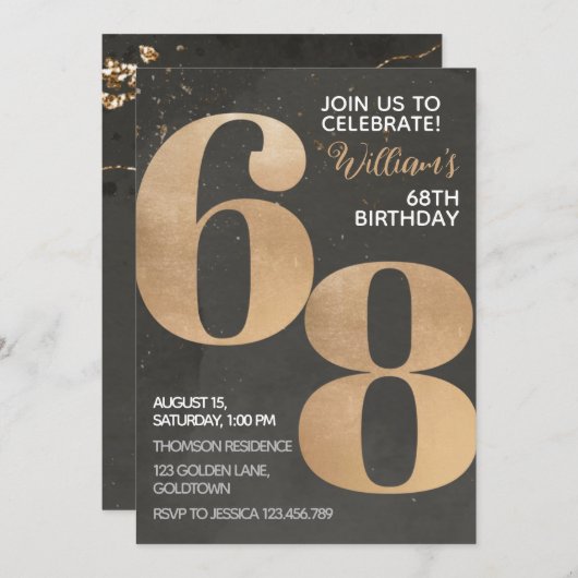 Gold Black 68th Birthday Invitation (Devant / Derrière)