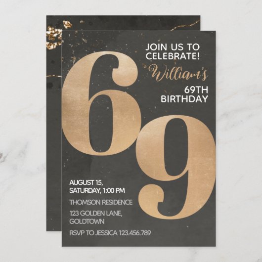 Gold Black 69th Birthday Invitation (Devant / Derrière)